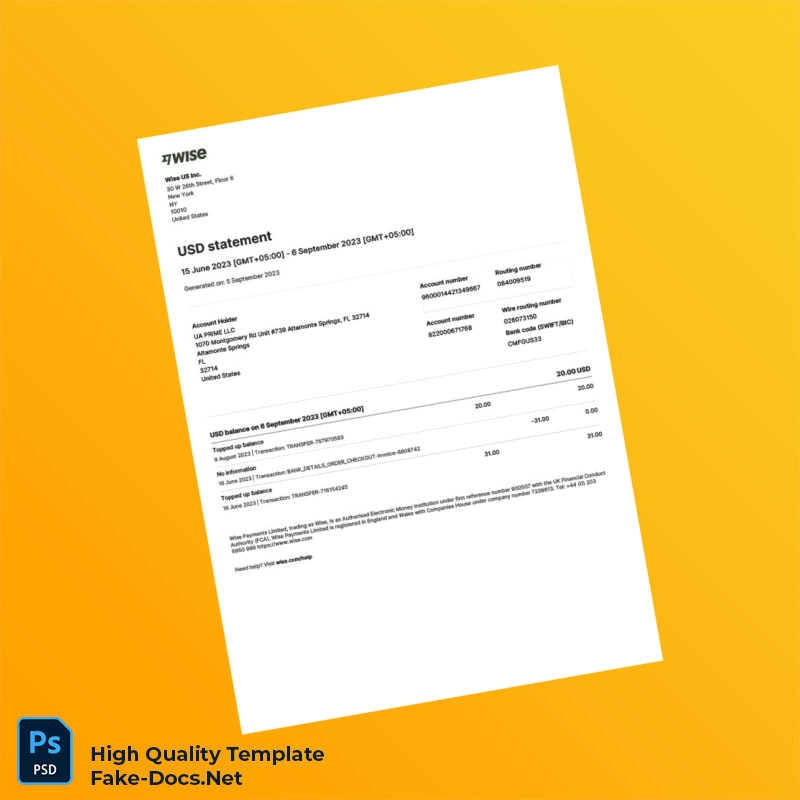 USA Wise Payments Limited Business Bank Statement Template in Word and PDF formats USA Wise Payments Limited Business Bank Statement Template in Word and PDF formats
