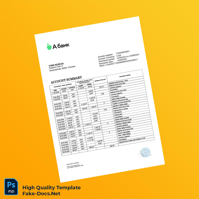 Ukraine Bank Statement Template in Word and PDF formats 2 page Ukraine Bank Statement Template in Word and PDF formats 2 page