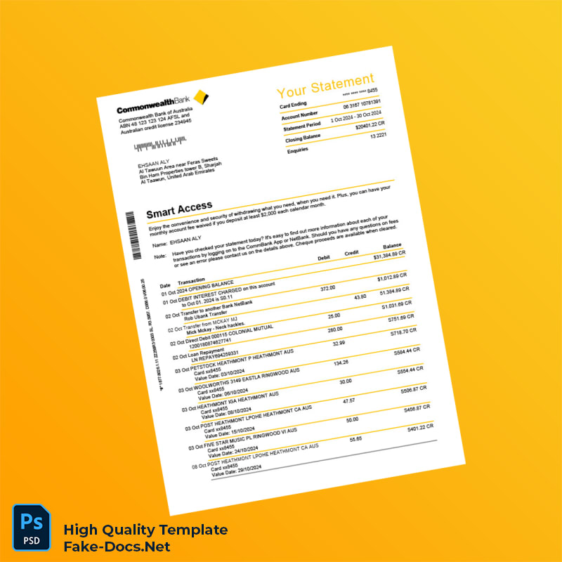 United Arab Emirates Commonwealth Bank Statement Template in Word and PDF formats United Arab Emirates Commonwealth Bank Statement Template in Word and PDF formats
