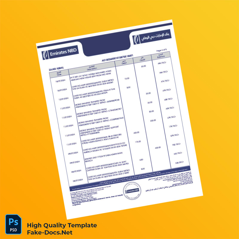 United Arab Emirates Emirates NBD Bank Statement Template in Word and PDF formats 5 page United Arab Emirates Emirates NBD Bank Statement Template in Word and PDF formats 5 page