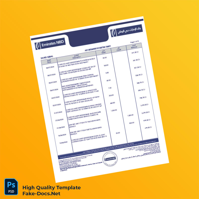 United Arab Emirates Emirates NBD Bank Statement Template in Word and PDF formats 5 page United Arab Emirates Emirates NBD Bank Statement Template in Word and PDF formats 5 page