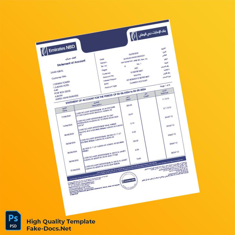 United Arab Emirates Emirates NBD Bank Statement Template in Word and PDF formats 5 page United Arab Emirates Emirates NBD Bank Statement Template in Word and PDF formats 5 page