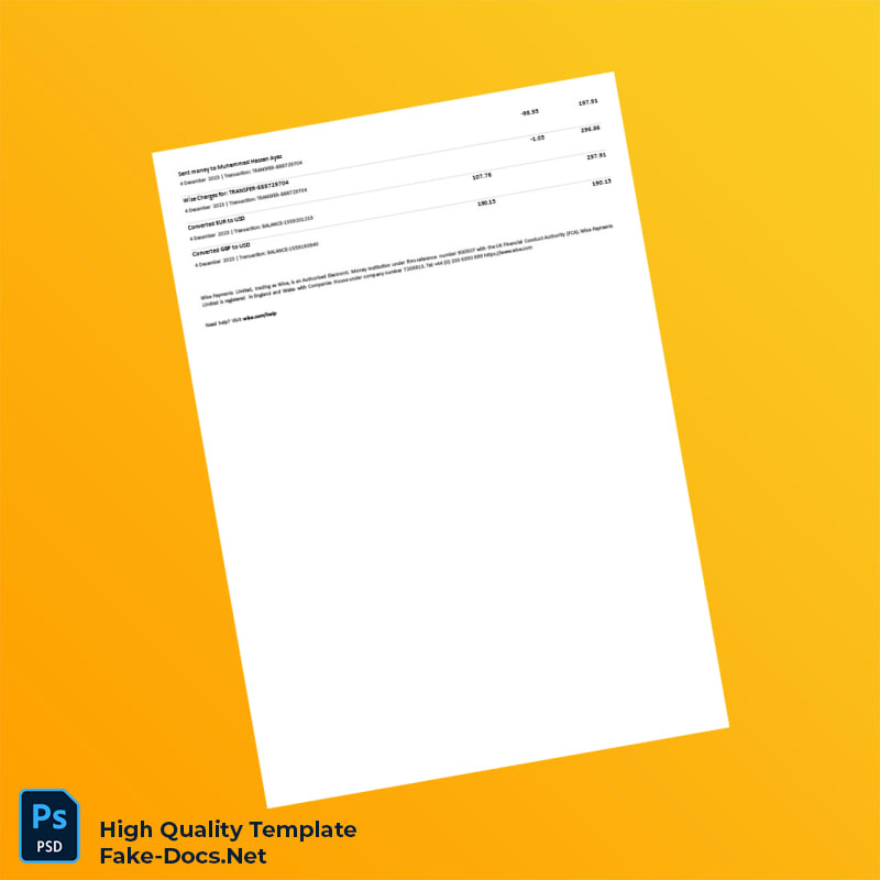 United Kingdom Wise Bank Statement Template in Word and PDF formats 2 page United Kingdom Wise Bank Statement Template in Word and PDF formats 2 page