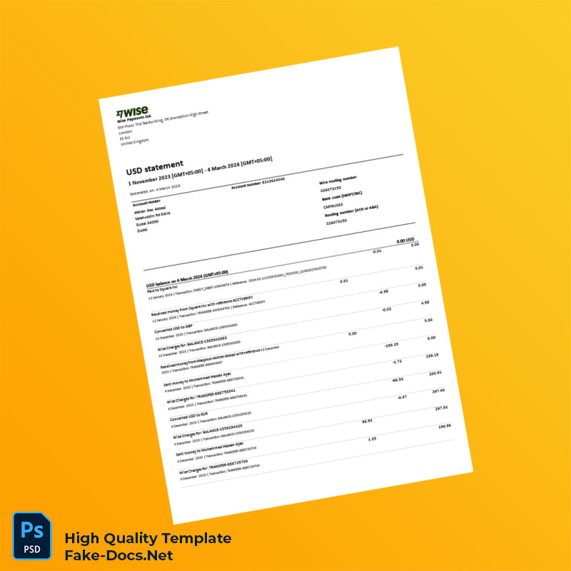 United Kingdom Wise Bank Statement Template in Word and PDF formats 2 page United Kingdom Wise Bank Statement Template in Word and PDF formats 2 page
