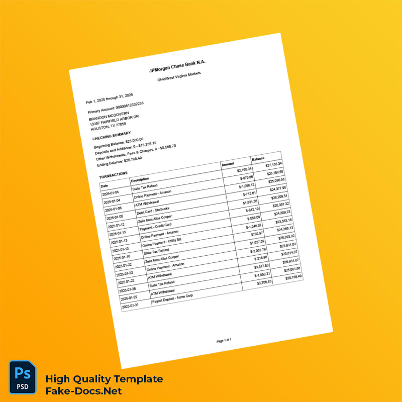 United States JPMorgan Chase Bank Editable Checking Account Statement Template in Word and PDF formats United States JPMorgan Chase Bank Editable Checking Account Statement Template in Word and PDF formats