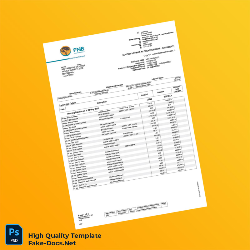 Zambia FNB Bank Statement Template in Word and PDF formats 4 page Zambia FNB Bank Statement Template in Word and PDF formats 4 page