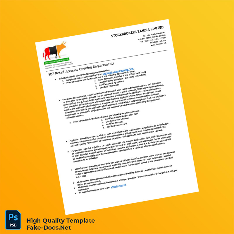 Zambia Stockbrokers Zambia Limited Editable Retail Account Opening Checklist and Form Template in Word and PDF formats 2 page Zambia Stockbrokers Zambia Limited Editable Retail Account Opening Checklist and Form Template in Word and PDF formats 2 page