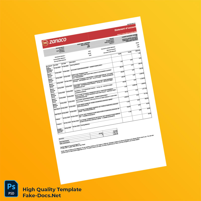 Zambia Zanaco Aspire Account Statement Template in Word and PDF formats Zambia Zanaco Aspire Account Statement Template in Word and PDF formats