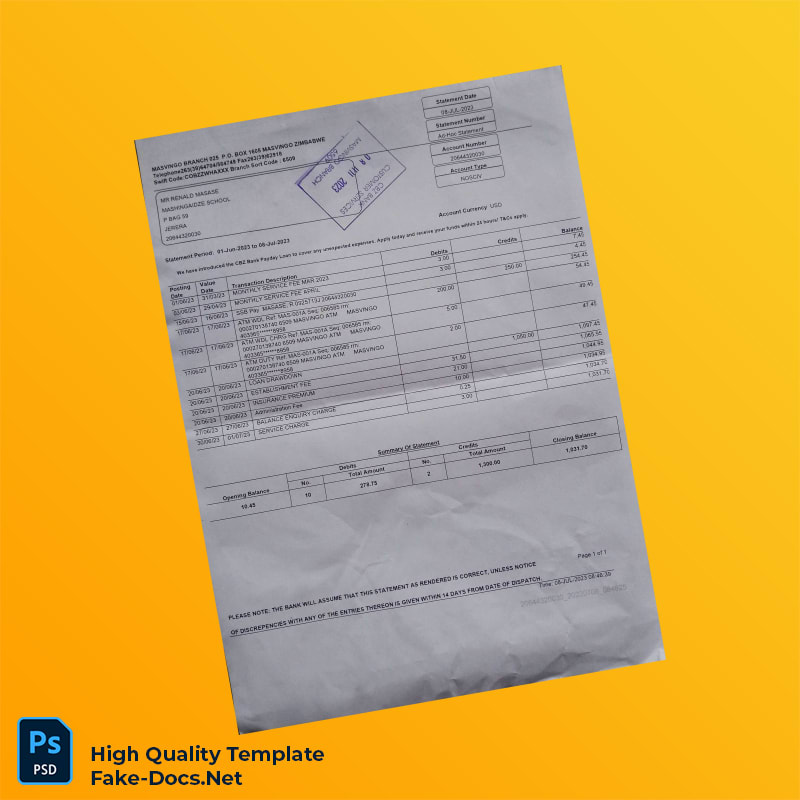 Zimbabwe CBZ Bank Statement Template in Word and PDF formats Zimbabwe CBZ Bank Statement Template in Word and PDF formats