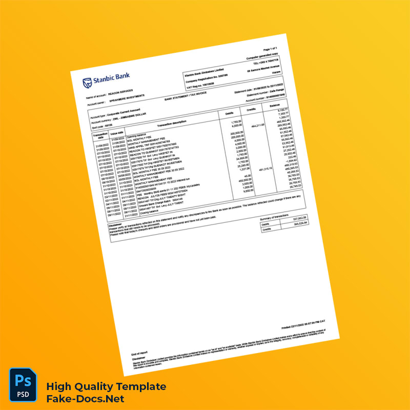 Zimbabwe Stanbic Bank Corporate Account Statement Template in Word and PDF formats Zimbabwe Stanbic Bank Corporate Account Statement Template in Word and PDF formats