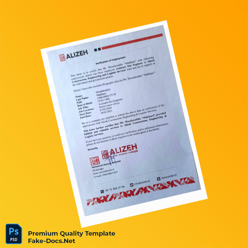 Afghanistan Alizeh Employment Verification Letter Template (Word & PDF) Afghanistan Alizeh Employment Verification Letter Template (Word & PDF)