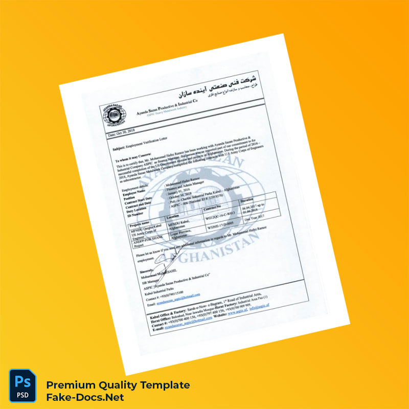 Afghanistan Ayanda Suma Producer Industrial Co Employment Verification Letter Template (Word & PDF) 4 page Afghanistan Ayanda Suma Producer Industrial Co Employment Verification Letter Template (Word & PDF) 4 page