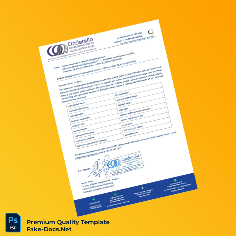 Afghanistan Cinderella Construction Company Employment Verification Letter Template (Word & PDF) Afghanistan Cinderella Construction Company Employment Verification Letter Template (Word & PDF)