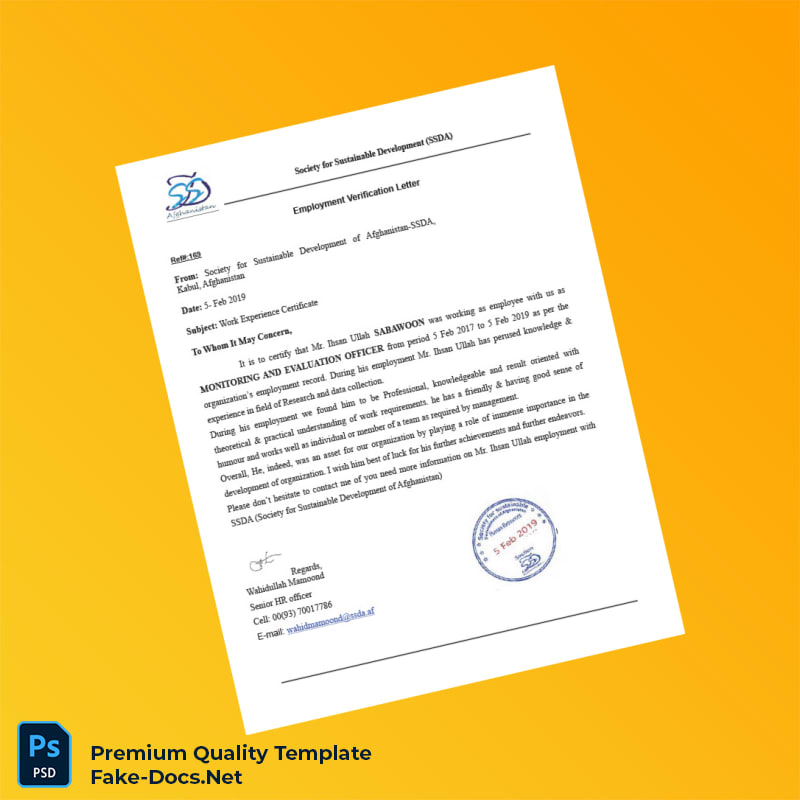 Afghanistan Society for Sustainable Development Employment Verification Letter Template (Word & PDF) 2 page Afghanistan Society for Sustainable Development Employment Verification Letter Template (Word & PDF) 2 page