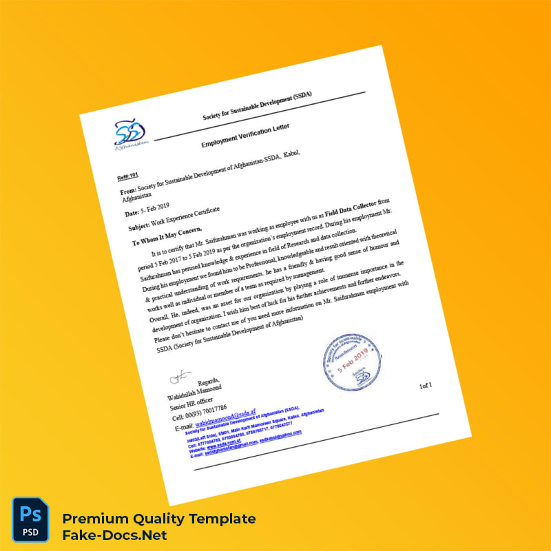 Afghanistan Society for Sustainable Development Employment Verification Letter Template (Word & PDF) Afghanistan Society for Sustainable Development Employment Verification Letter Template (Word & PDF)