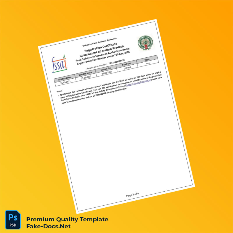 Andhra Pradesh Food Safety and Standards Authority Registration Certificate Template (Word & PDF) 4 page Andhra Pradesh Food Safety and Standards Authority Registration Certificate Template (Word & PDF) 4 page