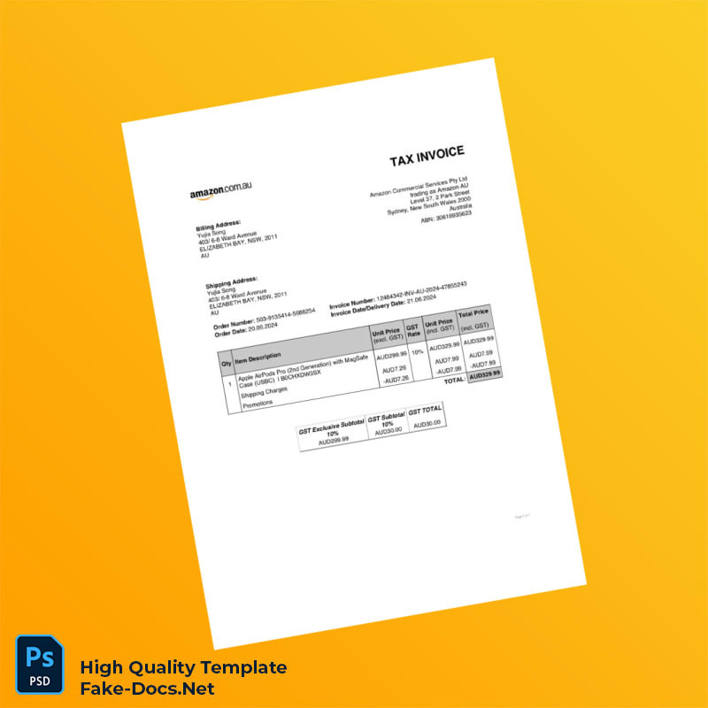 Australia Amazon Invoice Template in Word and PDF formats 2 page Australia Amazon Invoice Template in Word and PDF formats 2 page