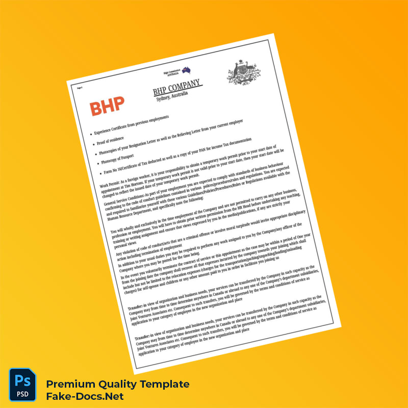 Australia BHP Company Employment Verification Letter Template (Word & PDF) 3 page Australia BHP Company Employment Verification Letter Template (Word & PDF) 3 page