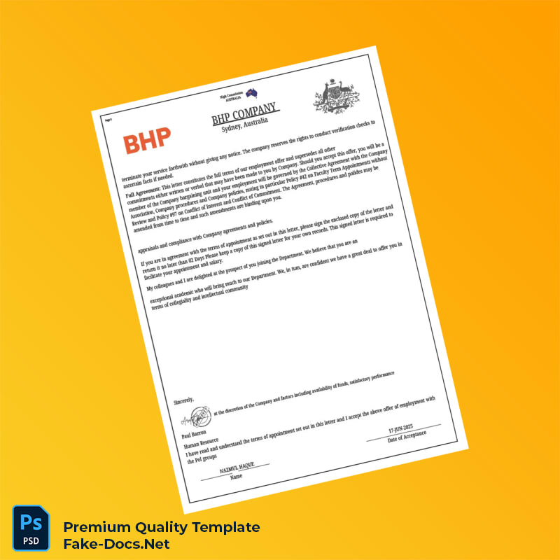 Australia BHP Company Employment Verification Letter Template (Word & PDF) 3 page Australia BHP Company Employment Verification Letter Template (Word & PDF) 3 page