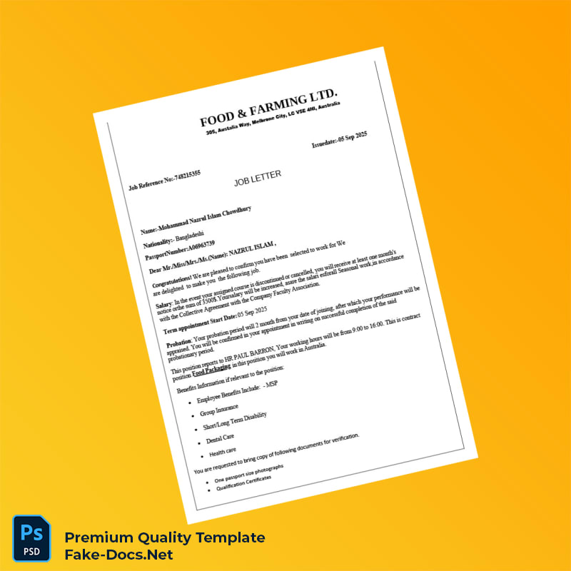Australia Food Farming LTD Employment Verification Letter Template (Word & PDF) 3 page Australia Food Farming LTD Employment Verification Letter Template (Word & PDF) 3 page