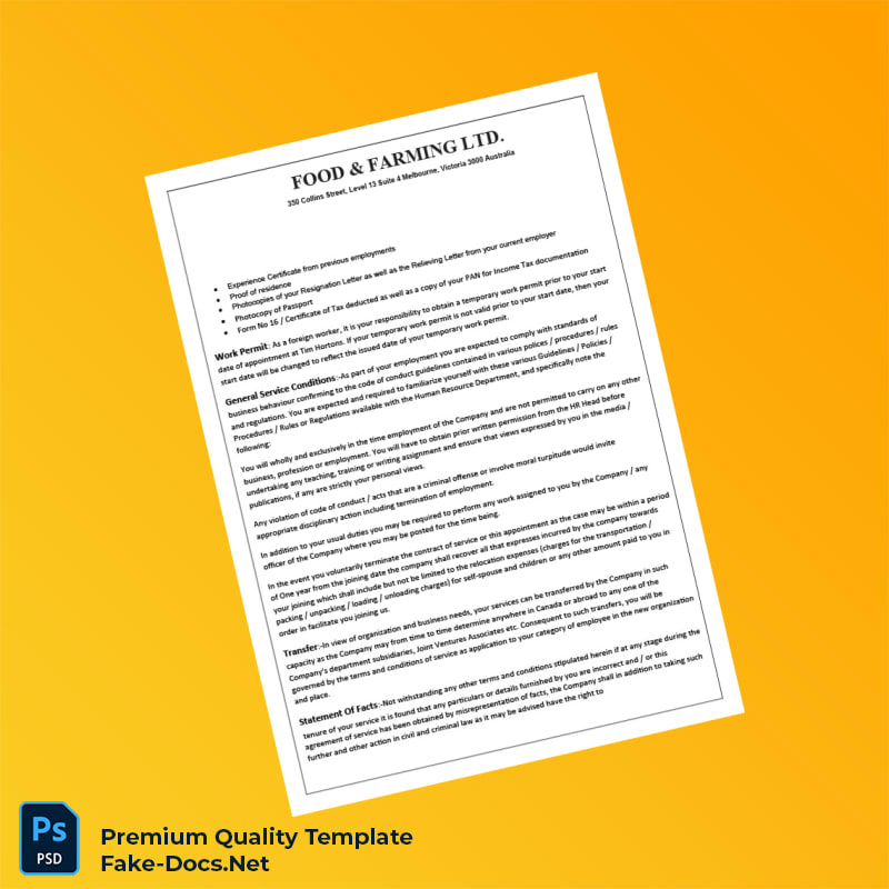 Australia Food Farming Ltd Employment Verification Letter Template (Word & PDF) 3 page Australia Food Farming Ltd Employment Verification Letter Template (Word & PDF) 3 page