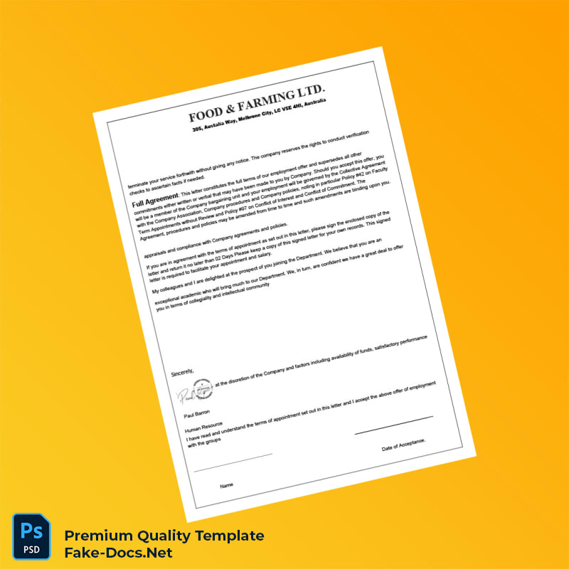 Australia Food Farming LTD Employment Verification Letter Template (Word & PDF) 3 page Australia Food Farming LTD Employment Verification Letter Template (Word & PDF) 3 page