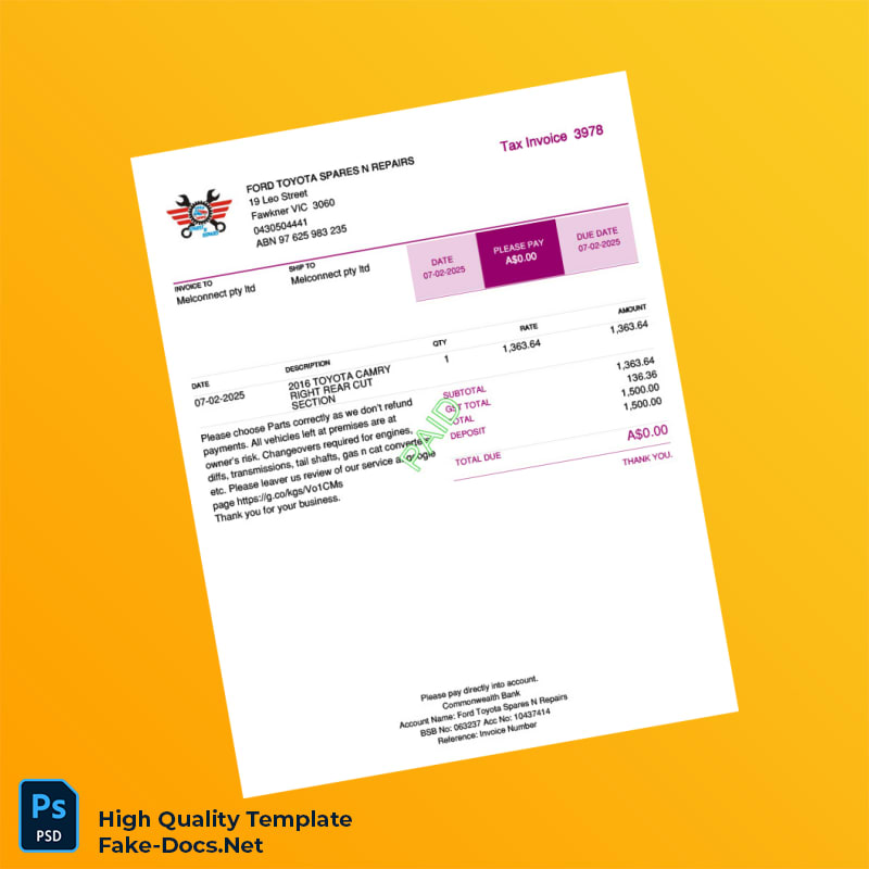 Australia Ford Toyota Spares N Repairs Tax Invoice Template in Word and PDF formats Australia Ford Toyota Spares N Repairs Tax Invoice Template in Word and PDF formats