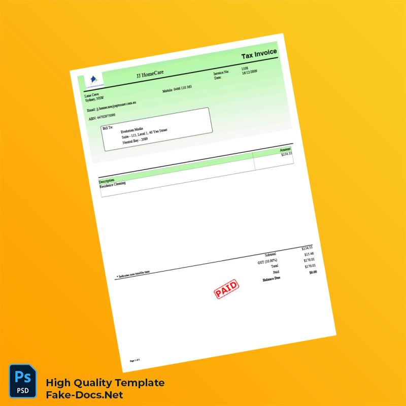 Australia JJ HomeCare Invoice Template in Word and PDF formats Australia JJ HomeCare Invoice Template in Word and PDF formats