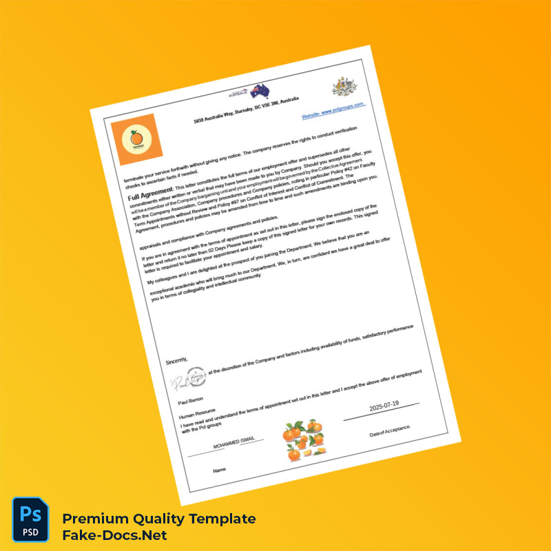 Australia Orange Botanic Gardens Employment Verification Letter Template (Word & PDF) 3 page Australia Orange Botanic Gardens Employment Verification Letter Template (Word & PDF) 3 page