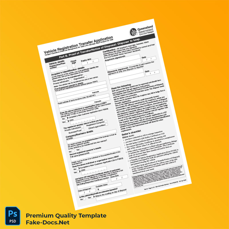 Australia Queensland Vehicle Registration Transfer Application Template (Word & PDF) 5 page Australia Queensland Vehicle Registration Transfer Application Template (Word & PDF) 5 page