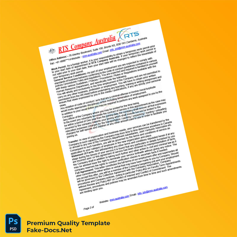 Australia RTS Company Employment Confirmation Letter Template (Word & PDF) 3 page Australia RTS Company Employment Confirmation Letter Template (Word & PDF) 3 page
