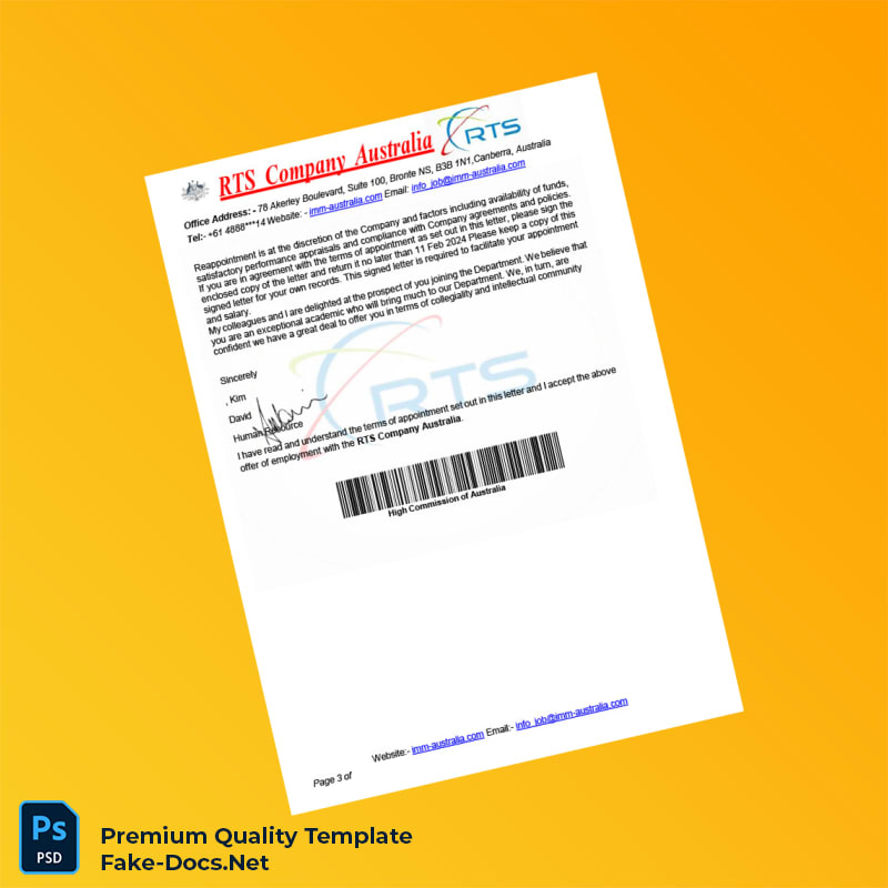 Australia RTS Company Employment Confirmation Letter Template (Word & PDF) 3 page Australia RTS Company Employment Confirmation Letter Template (Word & PDF) 3 page