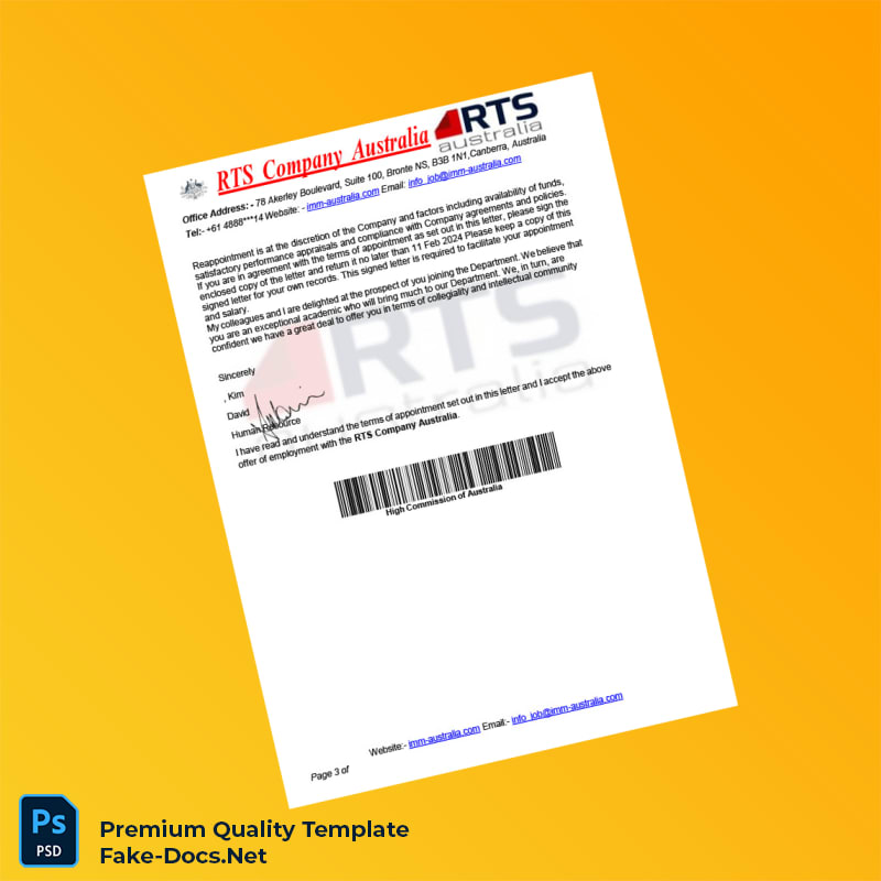 Australia RTS Company Employment Verification Letter Template (Word & PDF) 3 page Australia RTS Company Employment Verification Letter Template (Word & PDF) 3 page