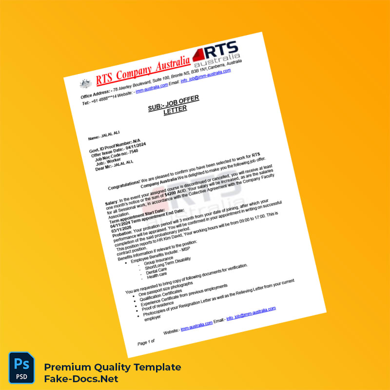 Australia RTS Company Employment Verification Letter Template (Word & PDF) 3 page Australia RTS Company Employment Verification Letter Template (Word & PDF) 3 page
