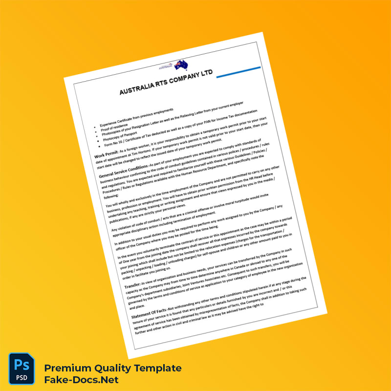 Australia RTS Company Ltd Employment Verification Letter Template (Word & PDF) 3 page Australia RTS Company Ltd Employment Verification Letter Template (Word & PDF) 3 page