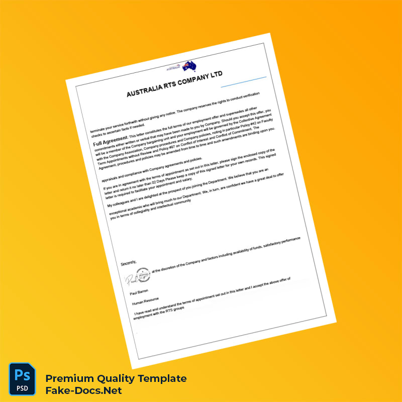 Australia RTS Company Ltd Employment Verification Letter Template (Word & PDF) 3 page Australia RTS Company Ltd Employment Verification Letter Template (Word & PDF) 3 page