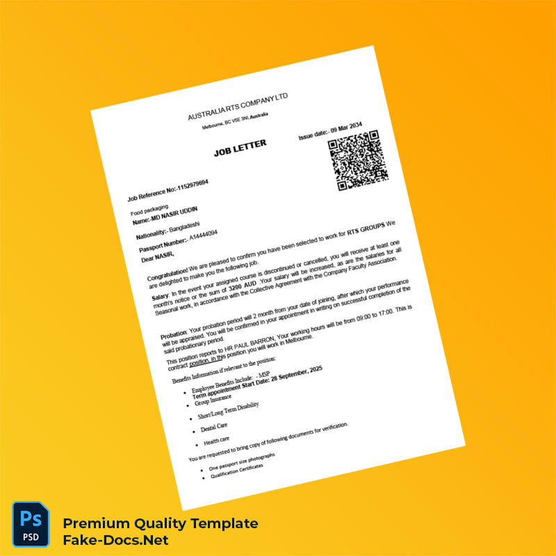 Australia RTS Company Ltd Employment Verification Letter Template (Word & PDF) 3 page Australia RTS Company Ltd Employment Verification Letter Template (Word & PDF) 3 page