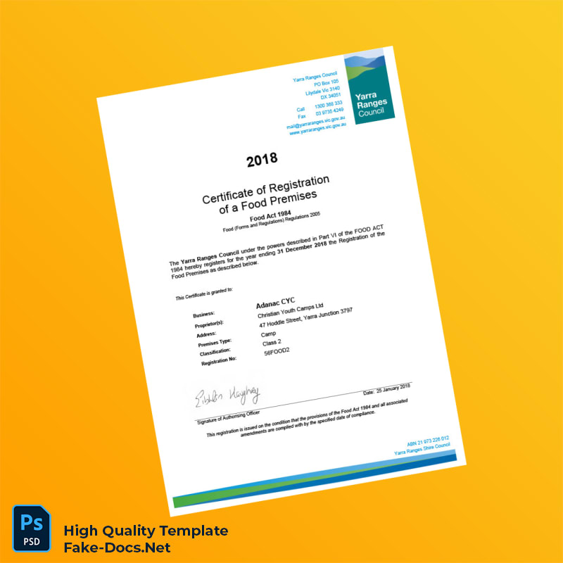 Australia Yarra Ranges Council Food Registration Certificate Template in Word and PDF formats 2 page Australia Yarra Ranges Council Food Registration Certificate Template in Word and PDF formats 2 page