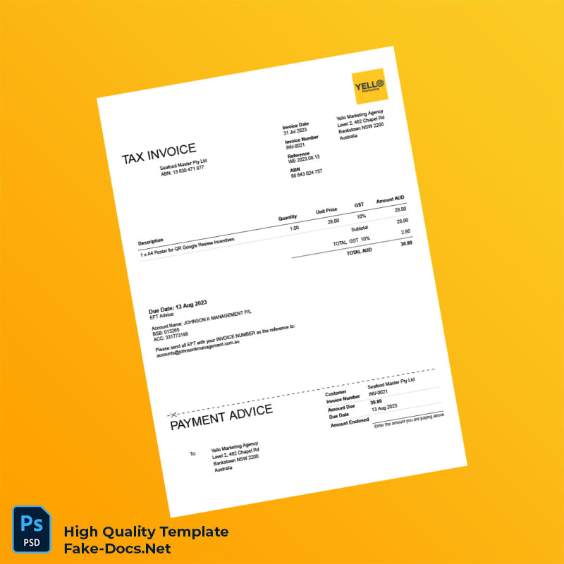 Australia Yello Marketing Agency Invoice Template in Word and PDF formats Australia Yello Marketing Agency Invoice Template in Word and PDF formats