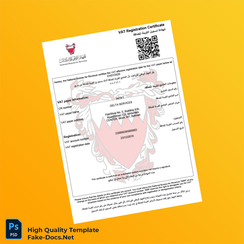 Bahrain National Bureau for Revenue VAT Registration Certificate Template in Word and PDF formats Bahrain National Bureau for Revenue VAT Registration Certificate Template in Word and PDF formats
