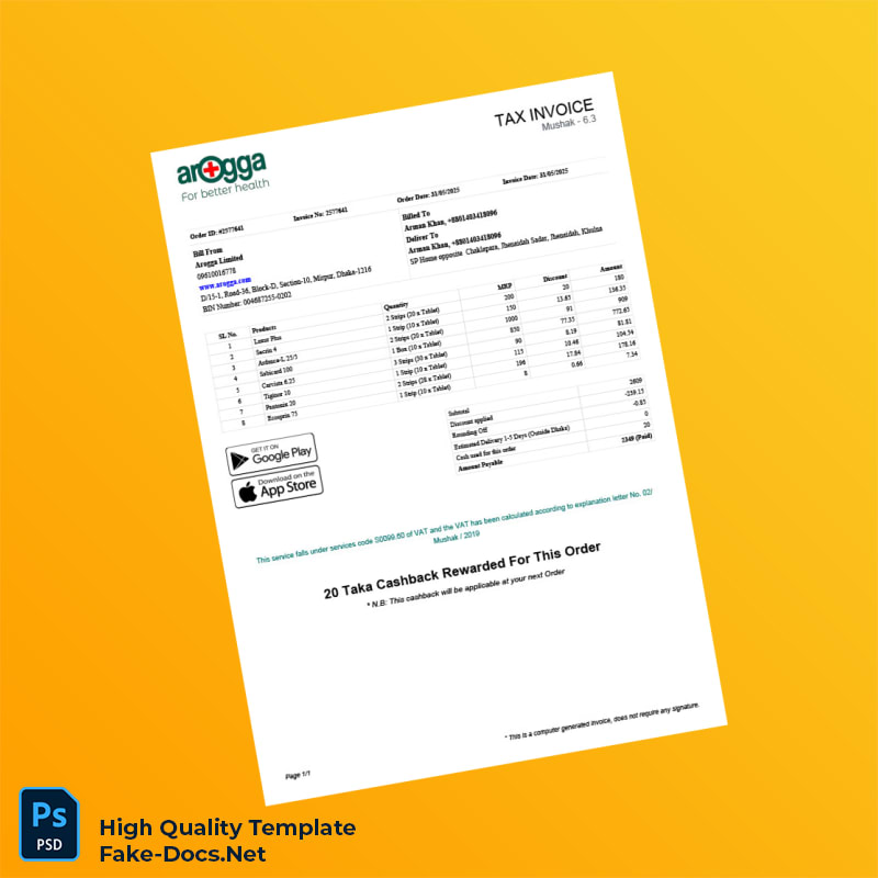 Bangladesh Arogga Limited Tax Invoice Template in Word and PDF formats Bangladesh Arogga Limited Tax Invoice Template in Word and PDF formats