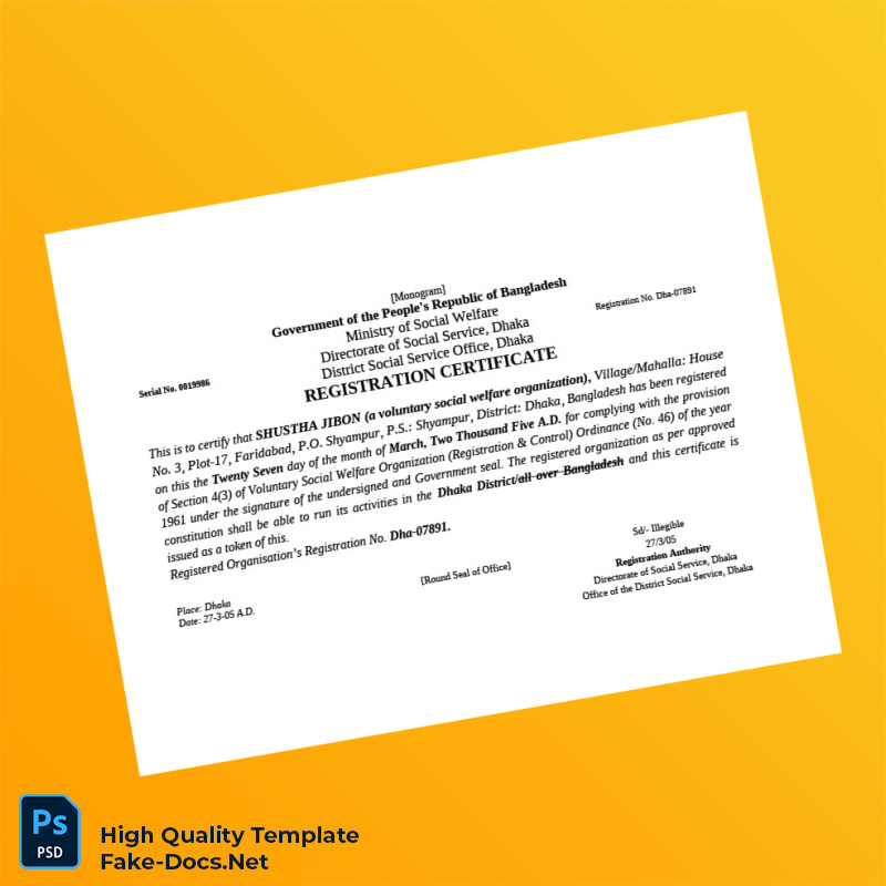 Bangladesh Directorate of Social Service Registration Certificate Template in Word and PDF formats Bangladesh Directorate of Social Service Registration Certificate Template in Word and PDF formats