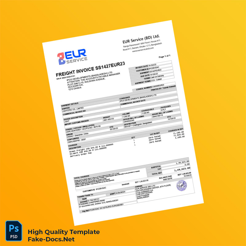 Bangladesh EUR Service BD Ltd Invoice Template in Word and PDF formats Bangladesh EUR Service BD Ltd Invoice Template in Word and PDF formats