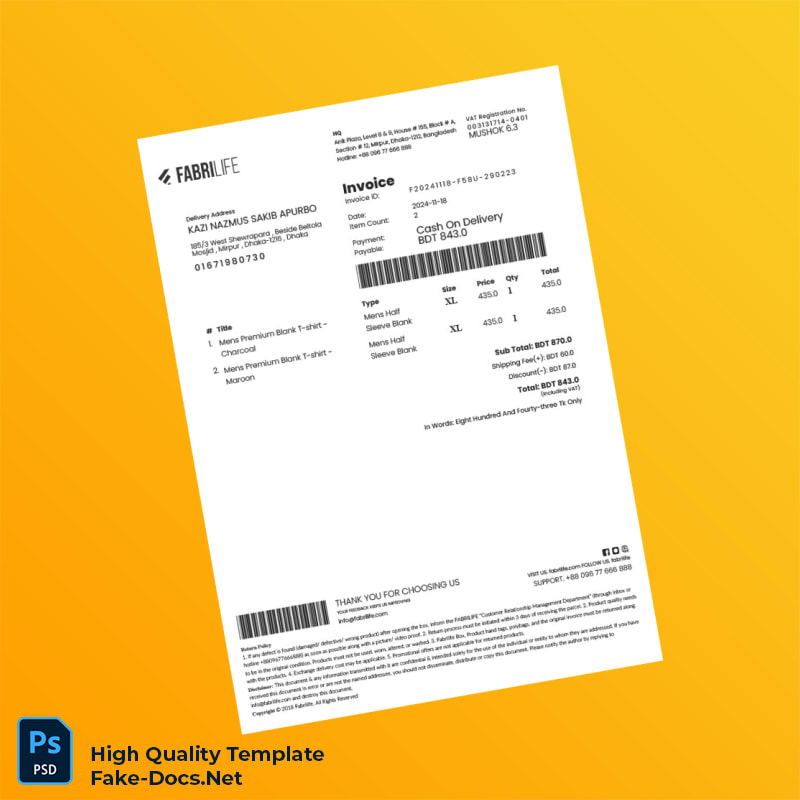 Bangladesh FabriLife Invoice Template in Word and PDF formats Bangladesh FabriLife Invoice Template in Word and PDF formats