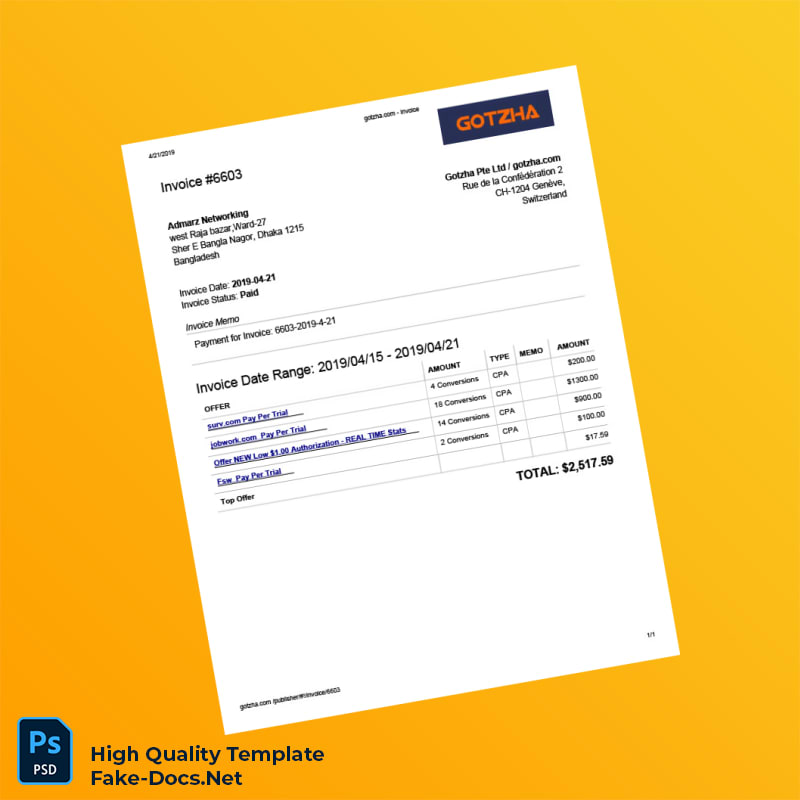 Bangladesh Gotzha Pte Ltd Invoice Template in Word and PDF formats Bangladesh Gotzha Pte Ltd Invoice Template in Word and PDF formats