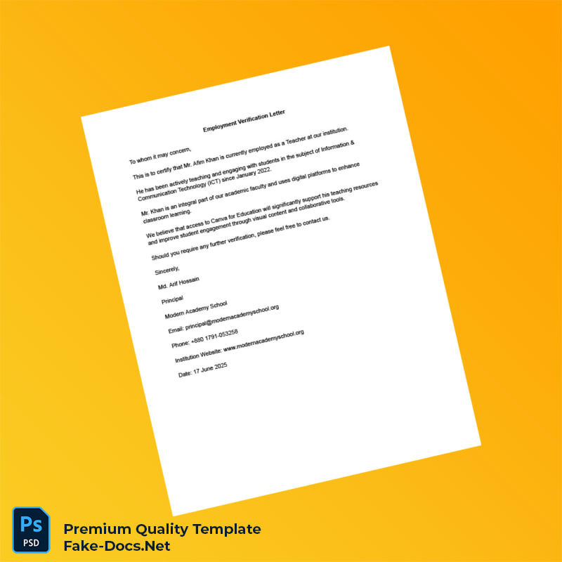 Bangladesh Modern Academy School Employment Verification Letter Template (Word & PDF) Bangladesh Modern Academy School Employment Verification Letter Template (Word & PDF)