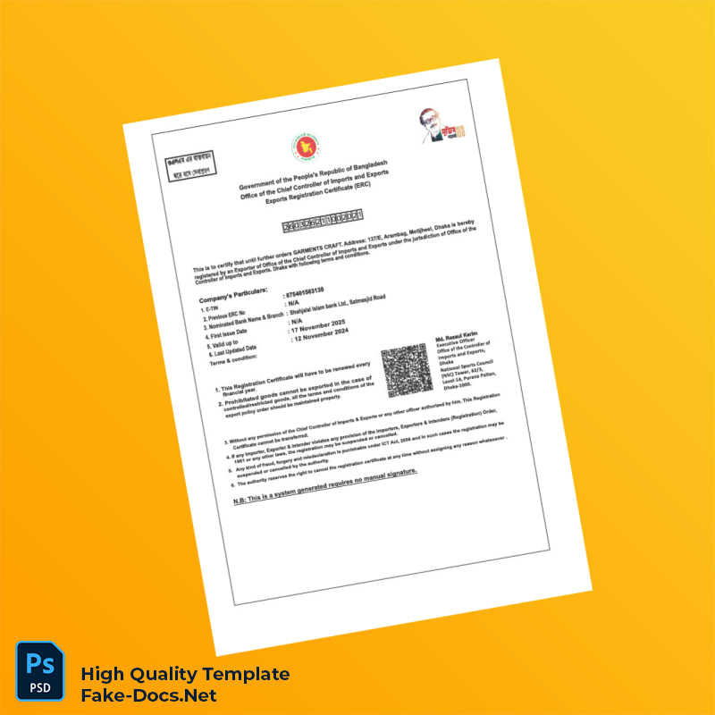 Bangladesh Office of the Chief Controller of Imports and Exports Export Registration Certificate Template in Word and PDF format Bangladesh Office of the Chief Controller of Imports and Exports Export Registration Certificate Template in Word and PDF format