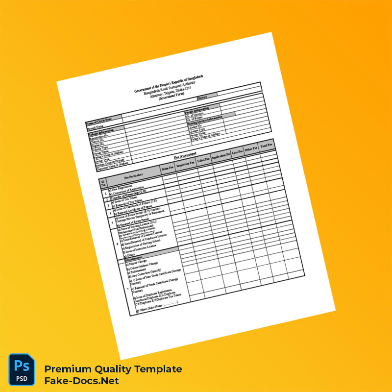Bangladesh Road Transport Authority Assessment Form Template (Word & PDF) 3 page Bangladesh Road Transport Authority Assessment Form Template (Word & PDF) 3 page