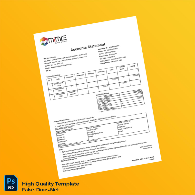 Bangladesh Stardust Telecom Ltd Invoice Template in Word and PDF formats 2 page Bangladesh Stardust Telecom Ltd Invoice Template in Word and PDF formats 2 page