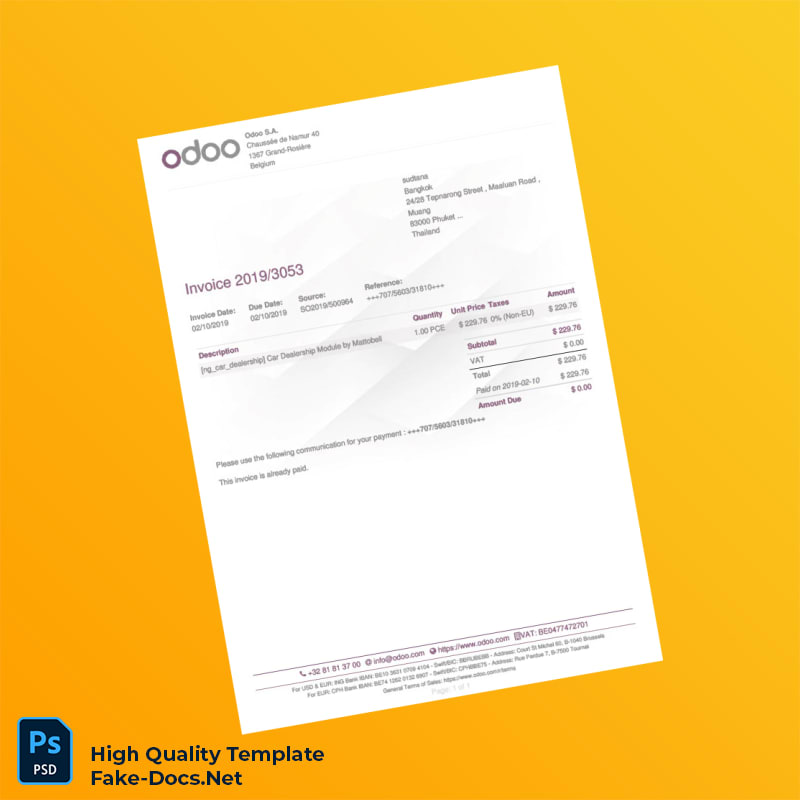 Belgium Odoo S A Invoice Template in Word and PDF formats Belgium Odoo S A Invoice Template in Word and PDF formats